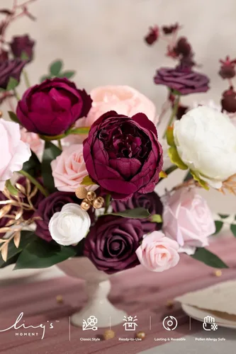 Miniatura 3 de Ling's moment Caja de flores falsas, tallos de vegetación artificiales sintéticos, rosas de espuma, peonías de seda, ranúnculo, flor fábica