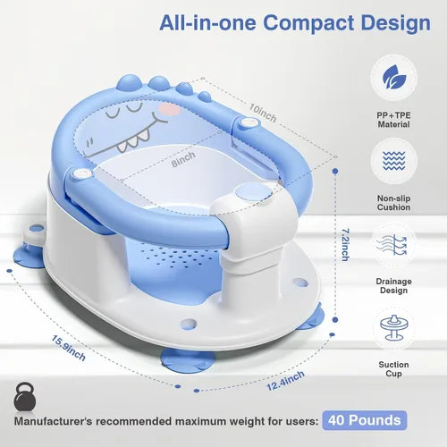 Miniatura 4 de Asiento de baño para bebés de 5 meses en adelante, asiento de baño antideslizante para sentarse, cojín suave y diseño compacto, asiento de bañera