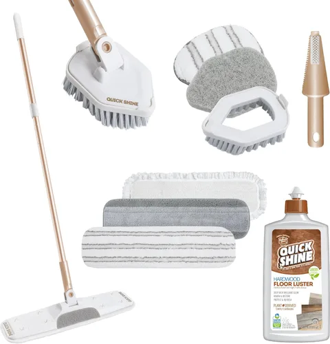 Quick Shine Ultimate Gold Clean + Polish Mop Kit | Kit de 10 piezas todo en uno con accesorios intercambiables | Pulidor de piso incluido | No