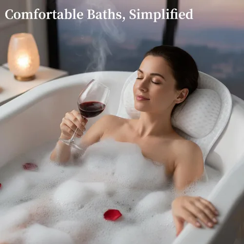 Miniatura 4 de AmazeFan Almohada de baño de lujo, almohada ergonómica para bañera y spa con tecnología de malla de aire 4D y 6 ventosas, ayuda a apoyar la cabeza