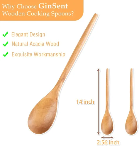 Miniatura 2 de GinSent 2 cucharas de madera para cocinar, cucharas de madera de 14 pulgadas, cucharas de cocina de agarre cómodo, cuchara de madera, utensilios