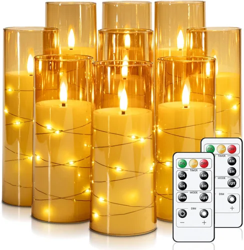 Miniatura 10 de Raycare Vela sin llama con temporizador remoto, 7 velas LED de acrílico parpadeantes con cuerda de estrella integrada para Navidad, boda, decoración