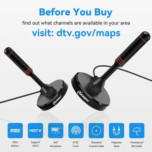 Miniatura 2 de Chaowei Antena digital HDTV con base magnética, cable coaxial HDTV de 16.5 pies, antena de TV portátil para interiores y exteriores para 4K 1080p