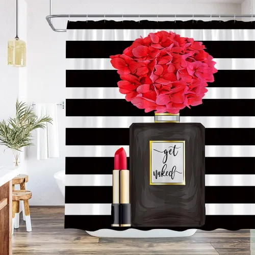 Miniatura 6 de Cortina de ducha negra con diseño de flores para niña, mujer, pintalabios, encantadora decoración de baño, juego de baño con gancho, 36 pulgadas