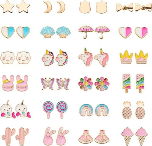 Juego de 24 pares de aretes hipoalergénicos para niñas, adolescentes y niños, de acero inoxidable, diseño de animales, mariposa, arco iris,