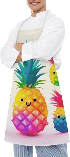 Miniatura 4 de MUSM Apron for Adults - 27.6 X 31.5 Inch, Heavy-Duty Polyester Aprons with Two Large Pockets, Waterproof Rainbow Pineapple Cartoon Kitchen Apron for
