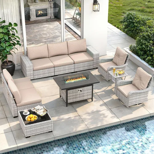 Miniatura 29 de Juego de muebles de mimbre para patio al aire libre de 3 piezas, sillas de patio giratorias mecedoras con respaldo alto con cojines gruesos de 4