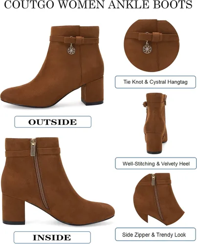 Miniatura 2 de Coutgo Womens Ankle Boots Chunky Block Low Heel Vintage Tie Knot Booties Shoes with Side Zipper