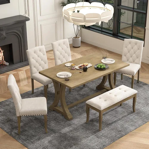 Miniatura 14 de Harper & Bright Designs Juego de mesa de comedor de granja de 6 piezas con banco, mesa de comedor de madera con 4 sillas y un banco para cocina