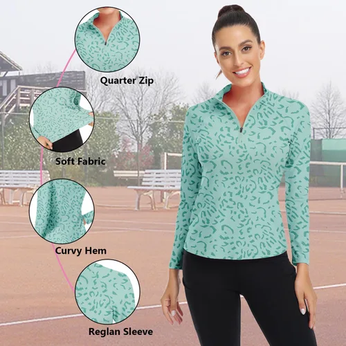 Miniatura 38 de WOWENY Camiseta deportiva de manga larga para mujer, con cremallera de un cuarto, cuello para entrenamiento, camiseta de tenis con estampado