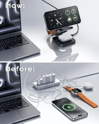 Miniatura 8 de Cargador de viaje 3 en 1 certificado Qi2 compatible con MagSafe, soporte de cargador inalámbrico plegable mejorado, estación de carga 3 en 1