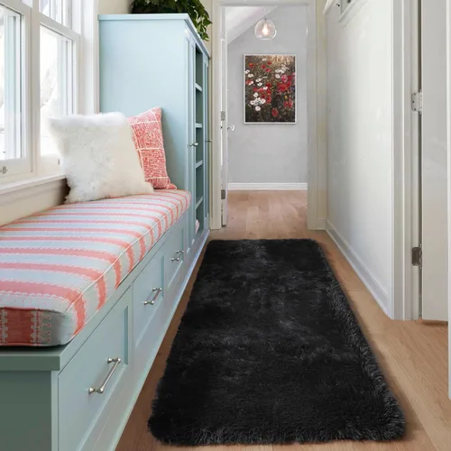 Miniatura 5 de ONASAR - Alfombra de pasillo negra de 2 x 6 pies, esponjosa, lavable, ultrasuave, afelpada, peluda, tapete para bebés, dormitorio de niños, armario