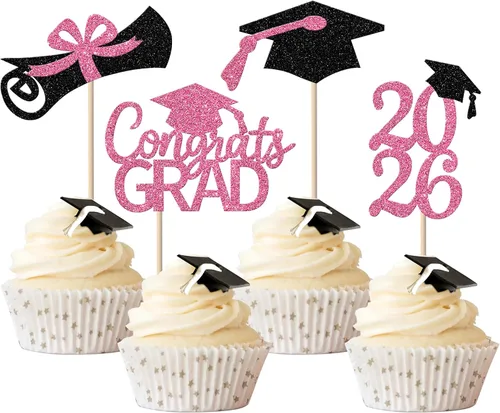 Miniatura 11 de Rsstarxi Paquete de 24 adornos para cupcakes de graduación 2026, con purpurina azul, para la clase de 2026, para diplomas, 24 piezas (6 diseños)