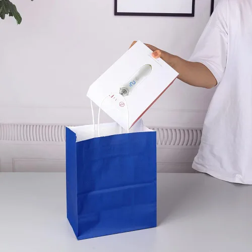 Miniatura 7 de Oikss Paquete de 100 bolsas de papel kraft medianas de 8 x 4.75 x 10 pulgadas con asas a granel para cumpleaños, bodas, fiestas, comestibles, Azul