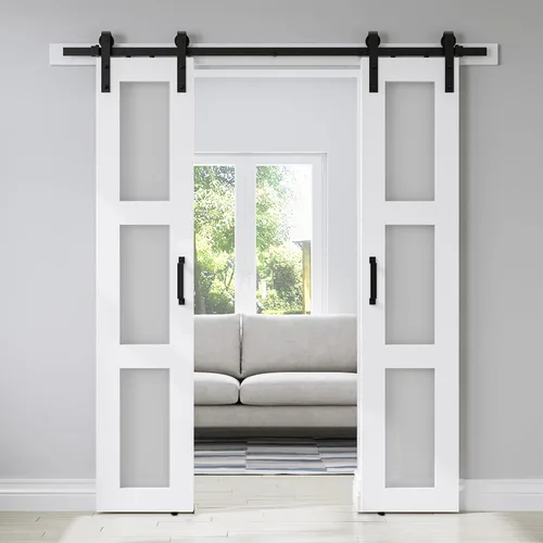 Miniatura 17 de Puerta corrediza de granero de vidrio de 5 paneles de 42 x 84 pulgadas con kit de herrajes de 7 pies incluido, fácil montaje con agujeros Blanco
