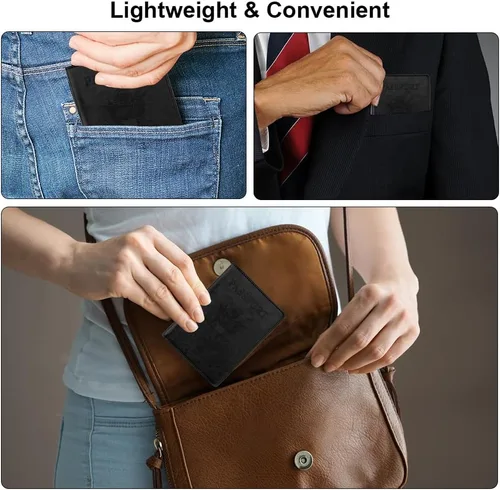 Miniatura 7 de Funda de cuero para pasaporte - Cartera de pasaporte de viaje para mujeres y hombres, artículos esenciales para el aeropuerto con protector, Negro