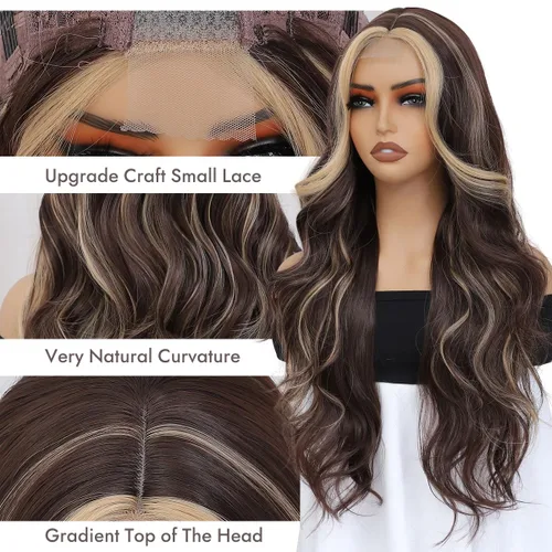 Miniatura 3 de Peluca de cabello sintético ondulado con encaje frontal, peluca marrón con reflejos rubios, pelucas largas onduladas de 28 pulgadas para mujeres