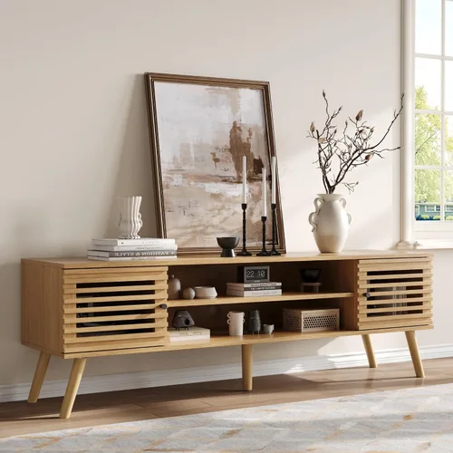 Miniatura 10 de Furnify Soporte de TV moderno de mediados de siglo de 53 pulgadas para TV de 50/55/60 pulgadas, consola multimedia de TV con puertas de listones