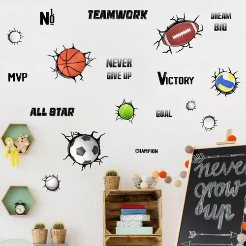 Miniatura 4 de YIMEHDAN Calcomanías de pared de pelotas deportivas 3D, fútbol, voleibol, rugby, baloncesto, tenis, vinilo para pared, diseño deportivo extraíble