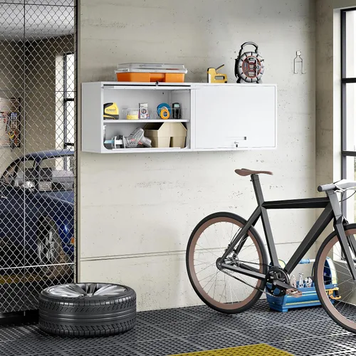 Miniatura 8 de Armario de pared de metal con puerta de bloqueo y estante, armarios de garaje colgantes con puertas abatibles para garaje, almacén, hogar, oficina