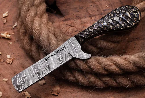 Miniatura 2 de Cuchillo Cortador de Toro de Acero Damasco Hecho a Mano, Cuchillo de Hoja Fija Vaquero, Mango de Madera, Cuchillo EDC Funda de Cuero PANCAKE Regalo