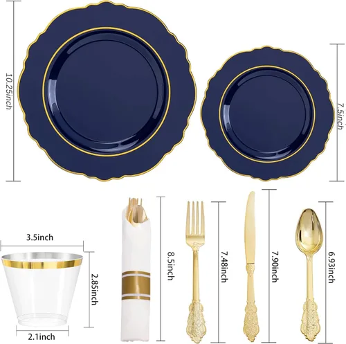 Miniatura 3 de Liacere 350 platos de plástico azul marino, platos desechables de color azul dorado, vajilla de plástico para 50 invitados, incluye 100 platos, 50
