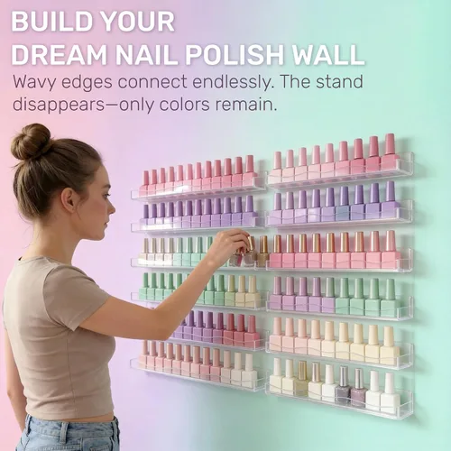 Miniatura 7 de YMVV Estante de esmalte de uñas de 15 pulgadas, estante montado en la pared, paquete de 6 organizadores de esmalte de uñas acrílico transparente