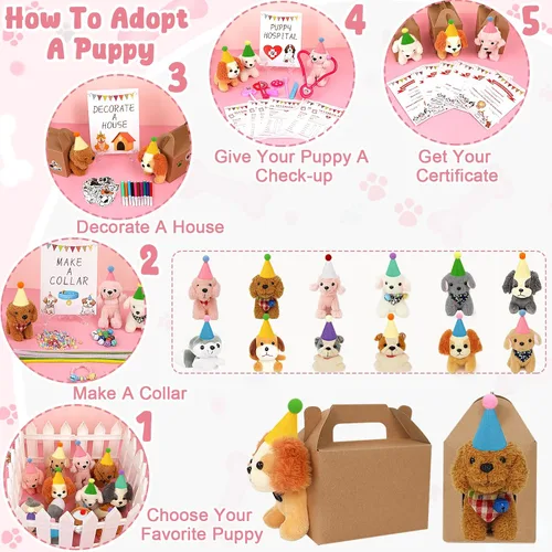 Miniatura 6 de Conjunto de Favores de Fiesta para Adoptar un Perro - 12 piezas de cachorros de peluche con sombreros de fiesta incluye casa de papel, cerca