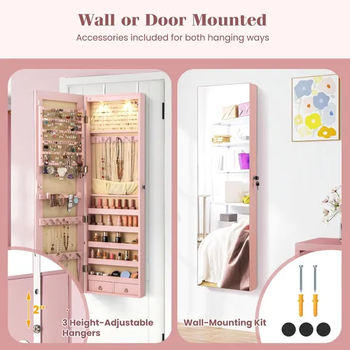 Miniatura 48 de Giantex Armario de joyería para puerta de pared con espejo de longitud completa, 2 LED con cerradura grande organizador de joyas con espejo ancho