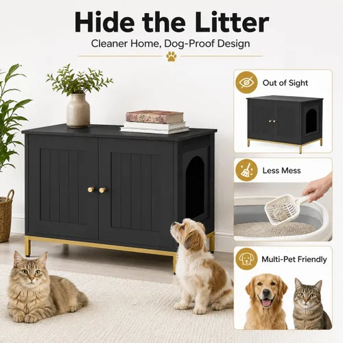 Miniatura 2 de Homhedy Gabinete para Caja de Arena para Gatos, Muebles de Baño para Gatos con Marco de Metal, Casa para Mascotas, Se Adapta a la Mayoría de Cajas