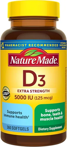 Nature Made Vitamina D3 5000 UI (125 mcg), suplemento de vitamina D extra fuerte para apoyo a la salud ósea e inmunológica, 360 unidades, suministro