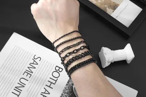Miniatura 6 de XIANNVXI Juego de 6 pulseras de acero inoxidable para hombre y mujer, color plateado/dorado/negro, pulseras de eslabones cubanos, estilo soga