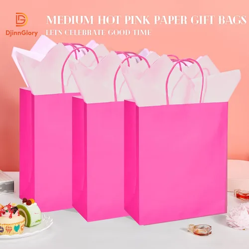 Miniatura 2 de DjinnGlory Paquete de 24 bolsas de regalo de papel rosa intenso de tamaño mediano con asas de 10 x 8 x 4 pulgadas y 24 papel de seda rosa para Rosa