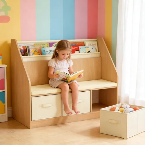 Miniatura 8 de FKWin Estantería infantil 2 en 1 y almacenamiento de juguetes de 5 niveles con carrito rodante, almacenamiento oculto para guardería, sala