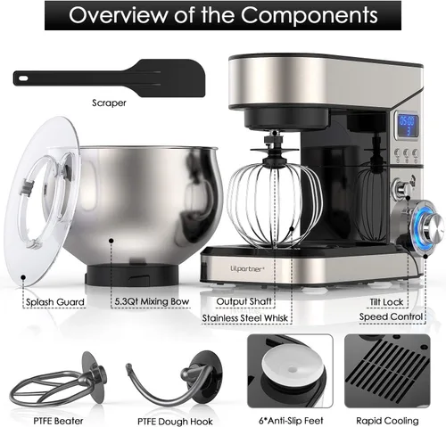 Miniatura 2 de Batidora con soporte, LILPARTNER, Mezclador de acero inoxidable de 5.3-QT con pantalla LCD, mezclador eléctrico de cocina de 6+P velocidades