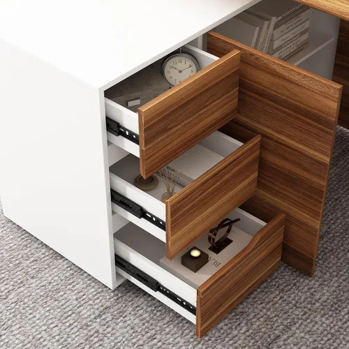 Miniatura 5 de Escritorio de oficina reversible con 3 cajones y 2 estantes, escritorio para computadora en forma de L y mesa de estudio con almacenamiento oculto