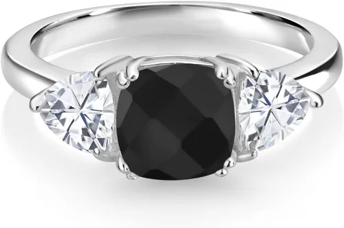 Miniatura 23 de 925 Sterling Silver Gemstone Birthstone and White Moissanite 3-Stone Engagement Ring for Women 7MM Cushion and 5MM Trillion Accents Three Stone