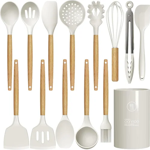 Miniatura 10 de oannao Juego de utensilios de cocina de silicona, resistente al calor, espátula, pinzas giratorias, cuchara, batidor, utensilios de cocina para Gris