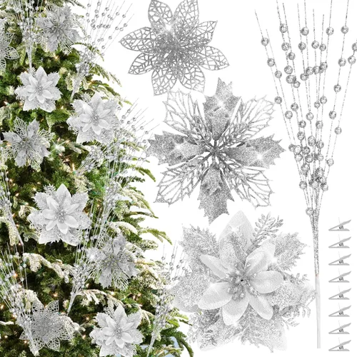 Miniatura 8 de OCTERIC - 30 piezas de flores artificiales de Pascua con purpurina, ramas con bayas para árbol de Navidad, adornos de árbol de Navidad con clips