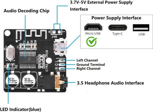 Miniatura 2 de Aideepen 5 piezas BT 5.0 módulo receptor de audio estéreo, placa decodificadora MP3 de 3.7-5V y amplificador para altavoz de coche