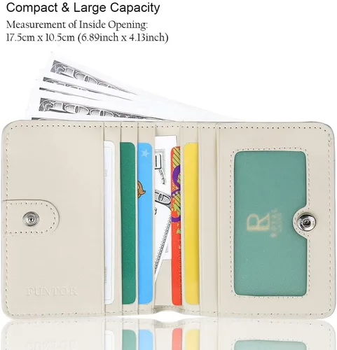 Miniatura 2 de Funtor Cartera de cuero para mujer, pequeña y compacta, con bolsillo doble, bloqueo RFID, para mujer