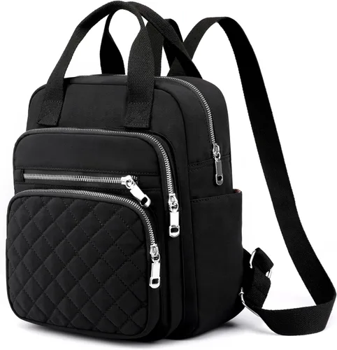Mochila pequeña para mujer, casual, acolchada, cuadrada, impermeable, con múltiples bolsillos, ligera, asa superior, Negro, Pequeño, Mochilas de