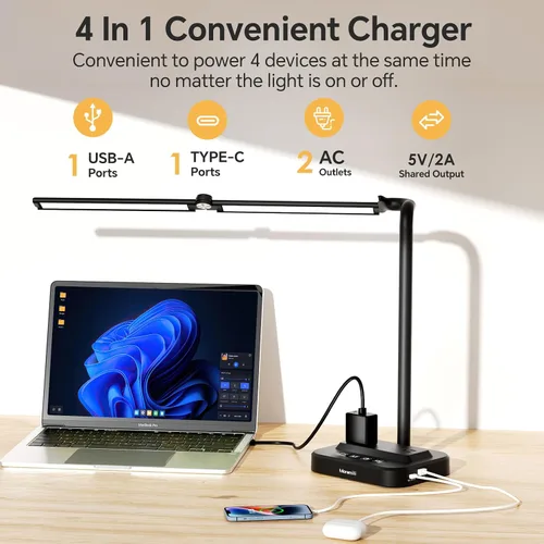 Miniatura 2 de Lámpara de escritorio LED ajustable para oficina en casa Centro de alimentación integrado con 2 salidas de CA ampliamente espaciadas, puertos