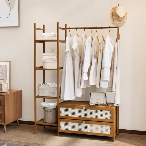 Miniatura 15 de Perchero de Ropa de Bambú, Perchero con Cajones y Estantes, Estantes de Almacenamiento de 5 Niveles con 6 Ganchos para Colgar, Armario Closet