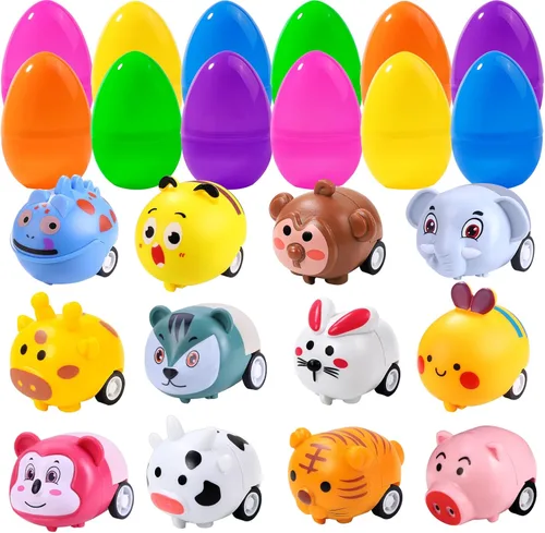 DIYDEC 12 huevos de Pascua precargados con juguetes de auto para tirar hacia atrás, coloridos mini autos de carreras, regalos para niños, regalos de