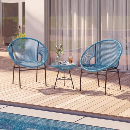 Miniatura 2 de Tangkula Juego de 3 muebles de patio al aire libre, juego de sillas Acapulco con cuerda de plástico, mesa de vidrio templado, juego de bistró