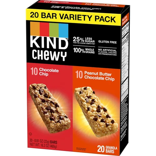 Miniatura 3 de Barritas de granola masticables KIND, paquete de variedad, chocolate chip y mantequilla de maní con chispas de chocolate, sin gluten, 100 calorías