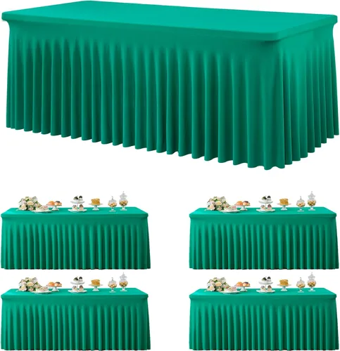 Miniatura 24 de Paquete de 2 manteles de spandex para mesas rectangulares de 8 pies, mantel elástico rosa de 8 pies, manteles ajustados, falda de mesa para fiestas