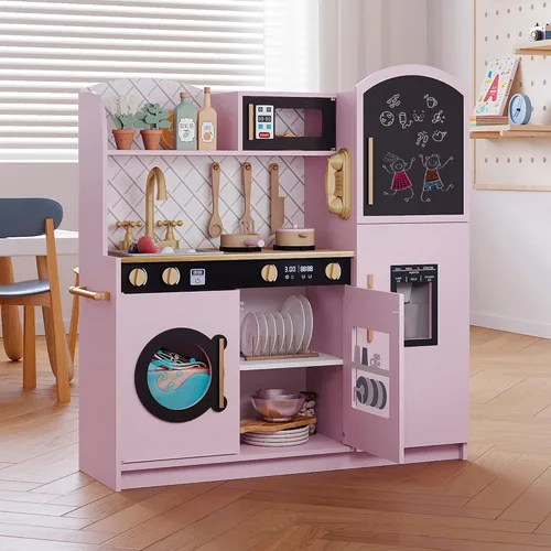 Miniatura 4 de Treocho Juego de cocina para niños, juego de cocina de madera para niños pequeños con almacenamiento, cocina de juguete de diseño moderno con grifo