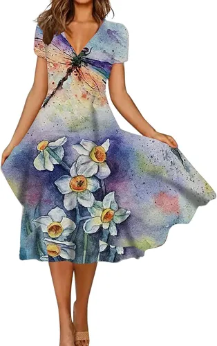 QFVZHY Vestidos de verano 2023 para mujer, casual, a la moda, estampado floral, manga corta, cuello en V, vestidos con vuelo, tallas S-2XL